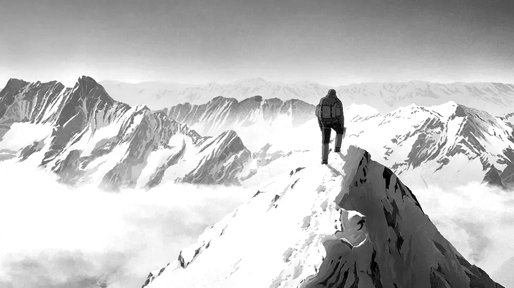 A scene from The Summit of the Gods showing a character Scene from The Summit of the Gods showing a charater on top a mountain peak looking all the other mountain peaks in the distance, illustrating that completing one single challenge reveals that many more are in wait.